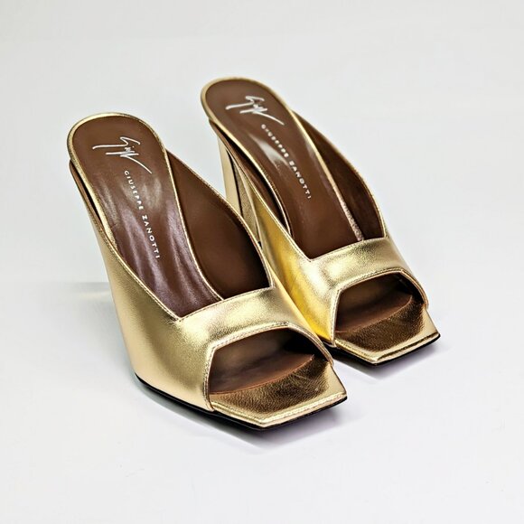 Giuseppe Zanotti MYA 105 Open-Toe Mule Gold Laminated Leather Size 37 MSRP $750 - Picture 5 of 12